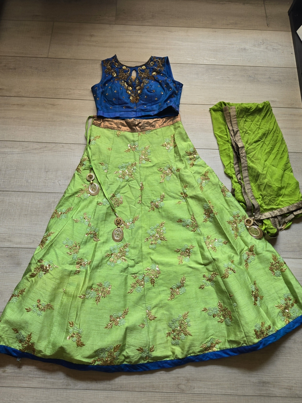 Indian Pakastani Lime Green and Blue Women's Lengha Size S